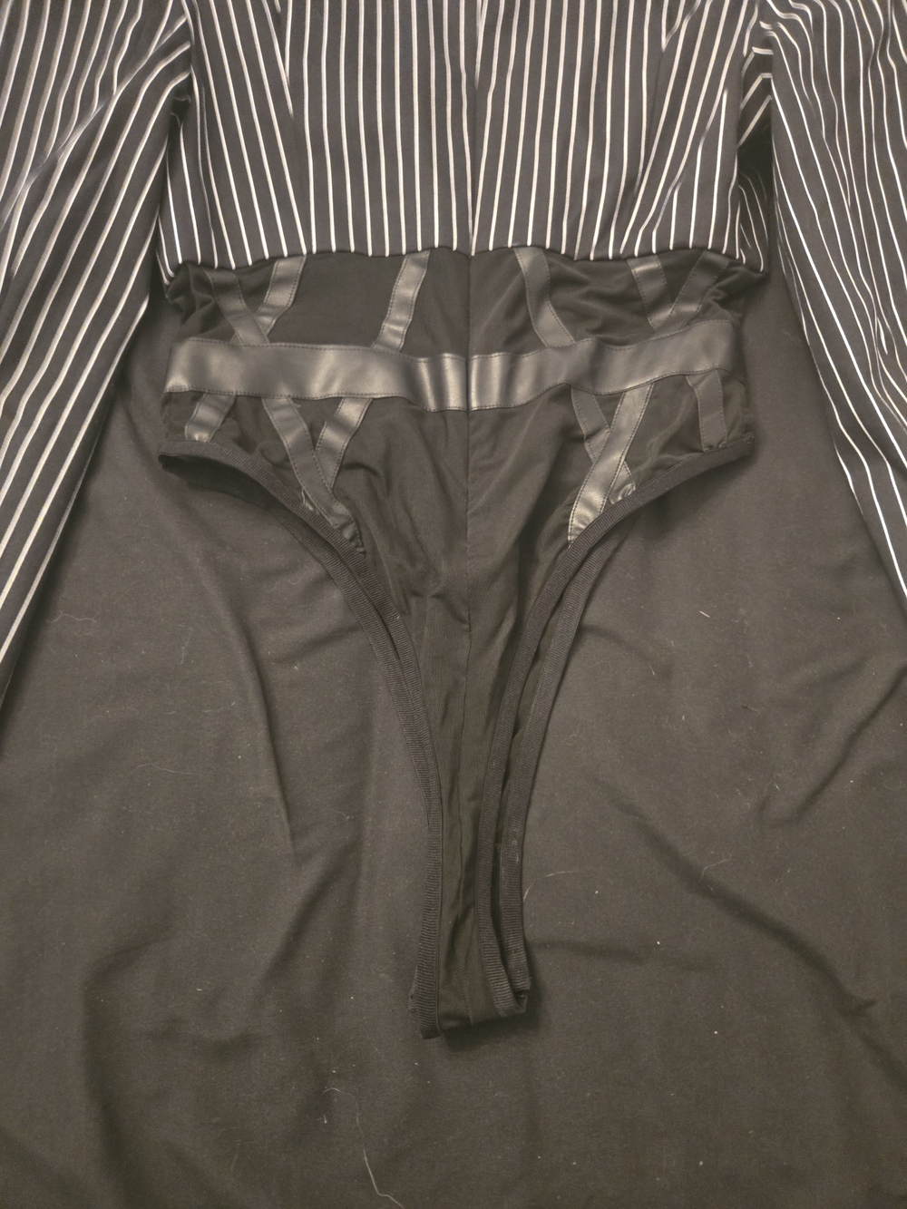 AKIRA Black Pinstripe Long Sleeve Bodysuit with White Spiral Appliqué - Picture 9 of 10